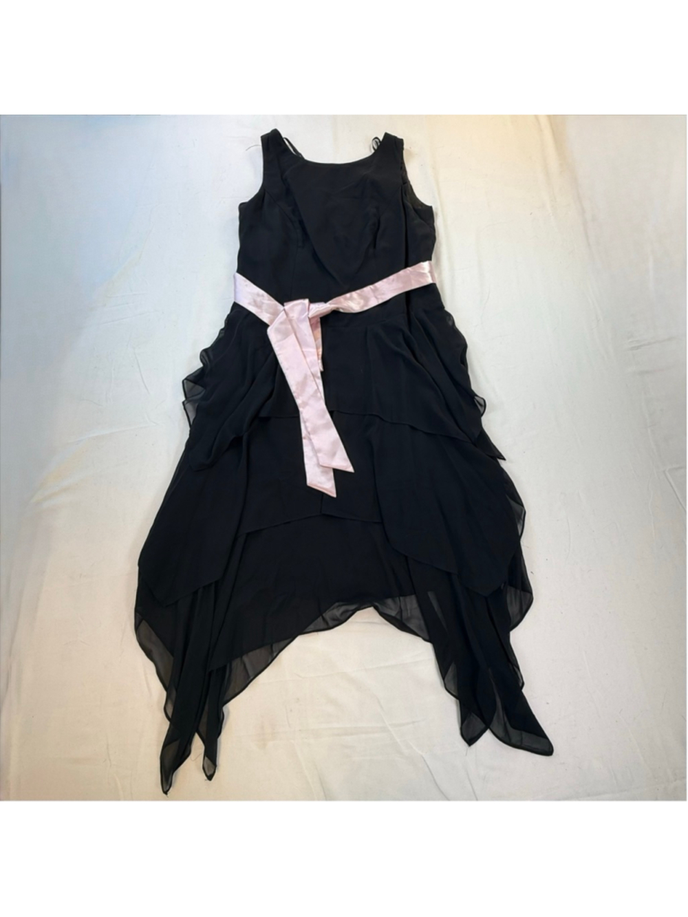 Jessica Howard Black Chiffon Handkerchief Hem Dress Pink Satin Sash Size 14W